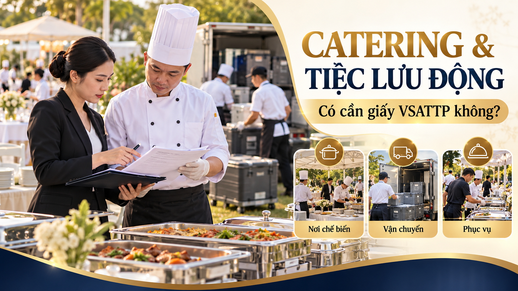 Quản lý catering và bếp trưởng kiểm tra hồ sơ VSATTP tại tiệc lưu động