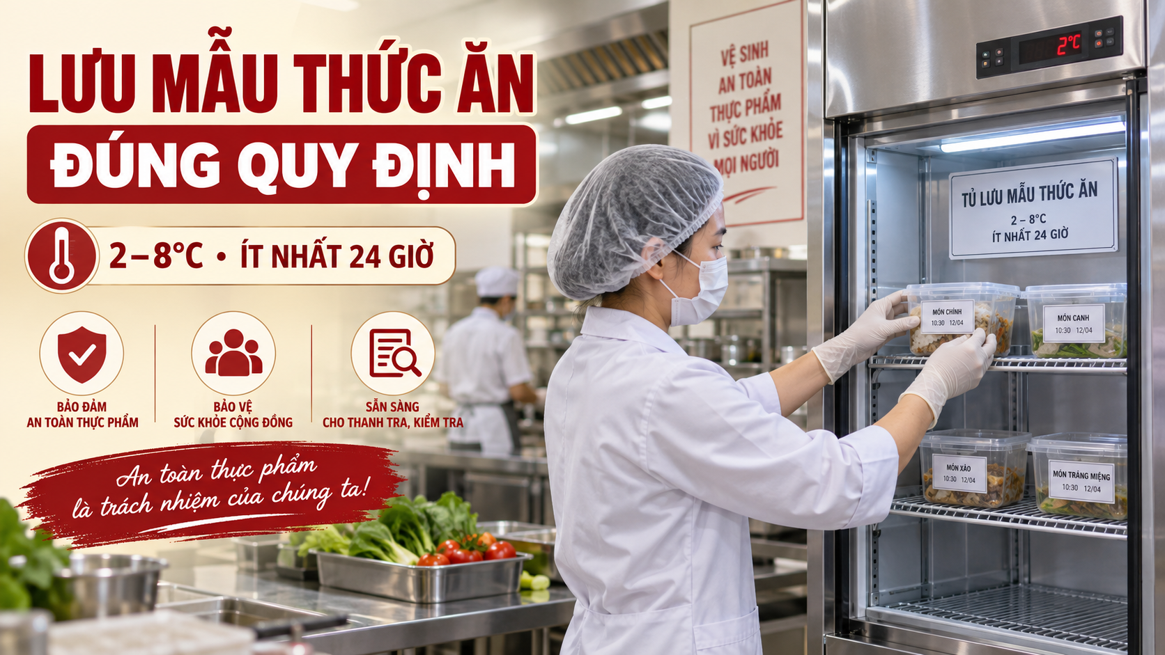 Nhân viên bếp bảo quản mẫu thức ăn đúng quy định ở 2 đến 8 độ C