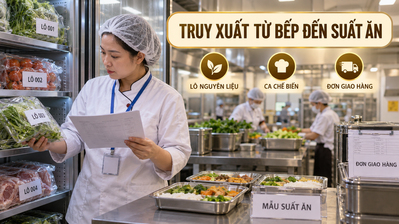 Truy xuất lô thực phẩm theo ca bếp, xe vận chuyển và điểm giao suất ăn