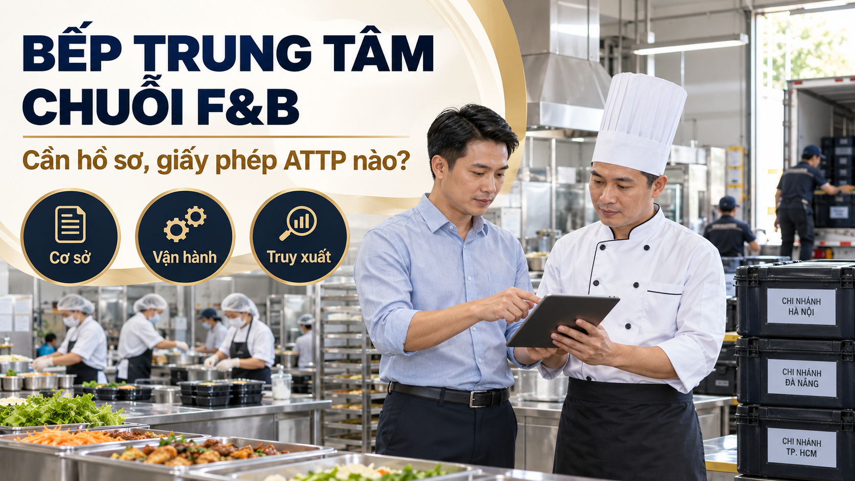 Quản lý vận hành và bếp trưởng rà hồ sơ ATTP tại bếp trung tâm chuỗi F&B