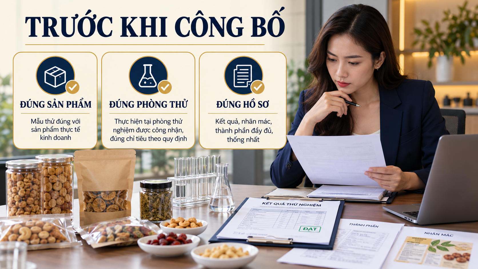 Trước khi công bố thực phẩm cần khớp phiếu kiểm nghiệm với sản phẩm, phòng thử nghiệm và hồ sơ