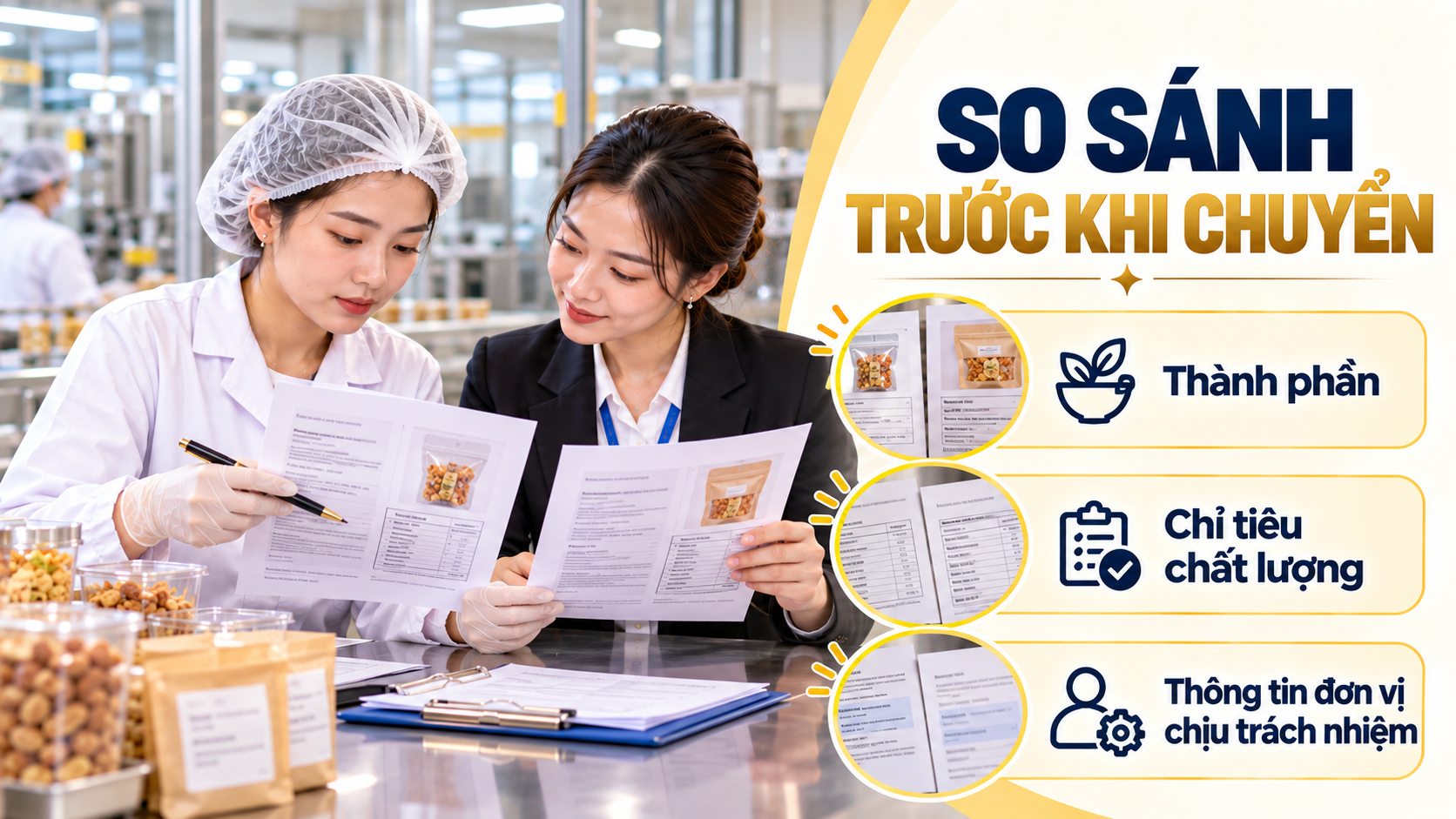 Nhân sự chất lượng so sánh công thức, xuất xứ và nhãn trước khi đổi nhà sản xuất thực phẩm