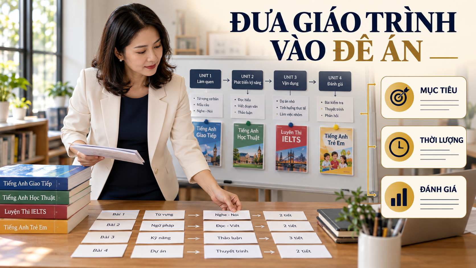 Đưa giáo trình trung tâm ngoại ngữ vào đề án bằng mục tiêu, thời lượng và phương pháp đánh giá