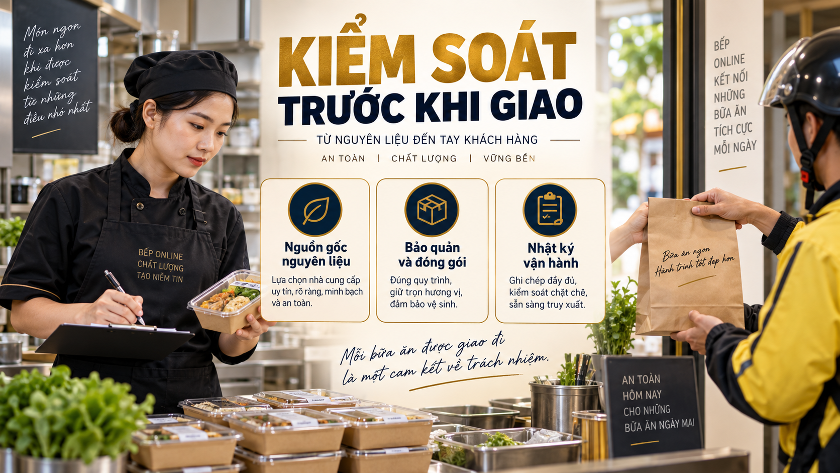Quản lý bếp kiểm soát nguyên liệu, đóng gói và nhật ký trước khi giao món