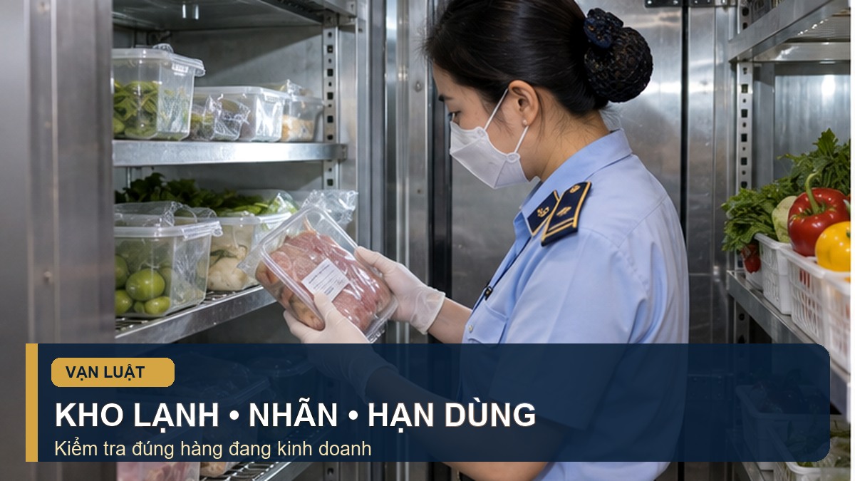 Đoàn kiểm tra an toàn thực phẩm kiểm tra nhãn và bảo quản trong kho lạnh