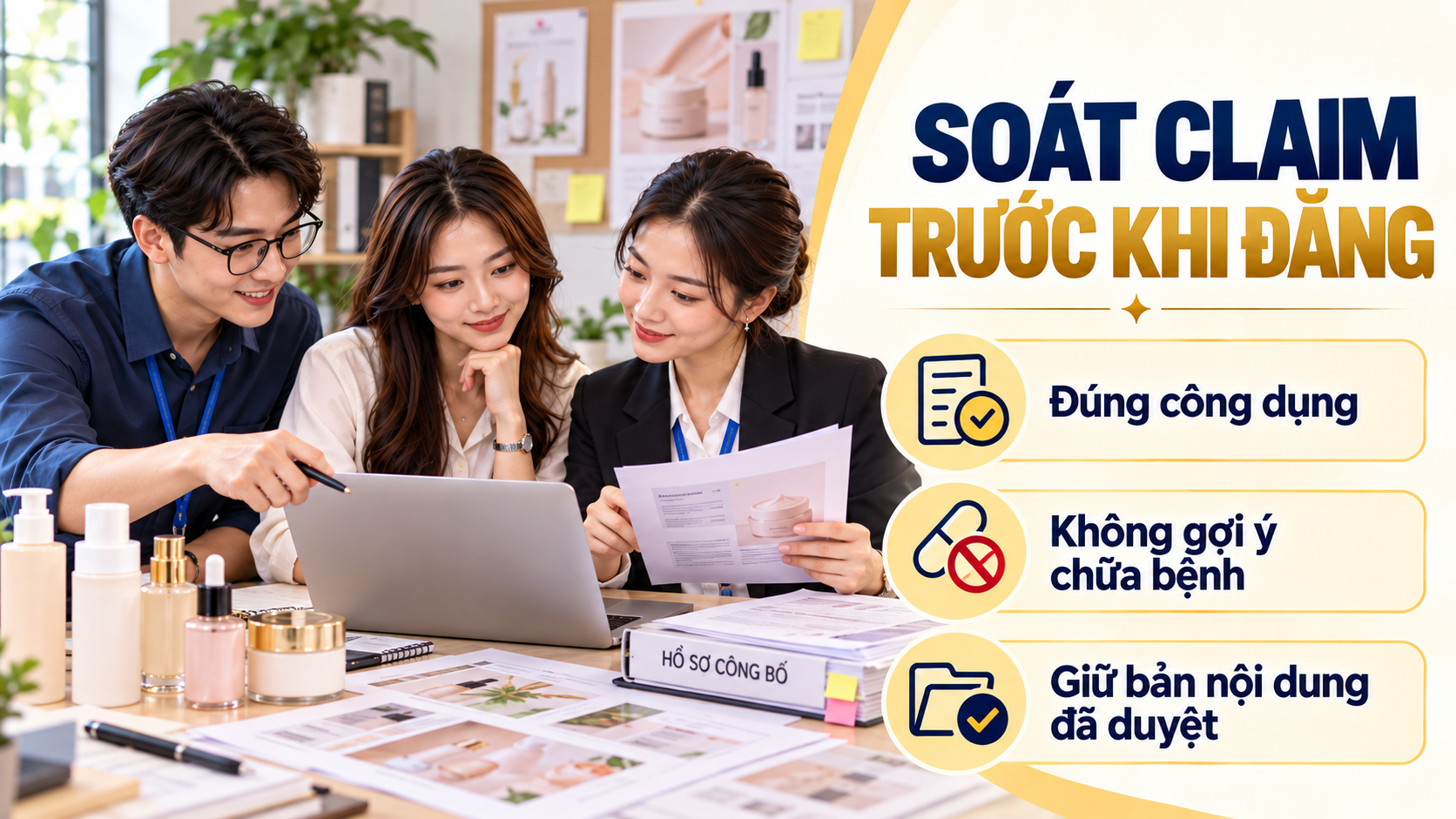 Đội nội dung kiểm tra câu quảng cáo mỹ phẩm và loại bỏ thông điệp gây hiểu nhầm là thuốc