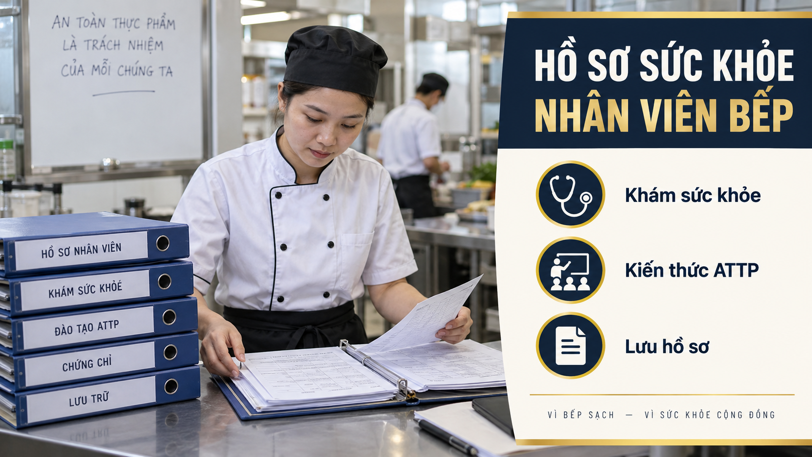 Nhân viên bếp lưu hồ sơ sức khỏe và tập huấn kiến thức an toàn thực phẩm