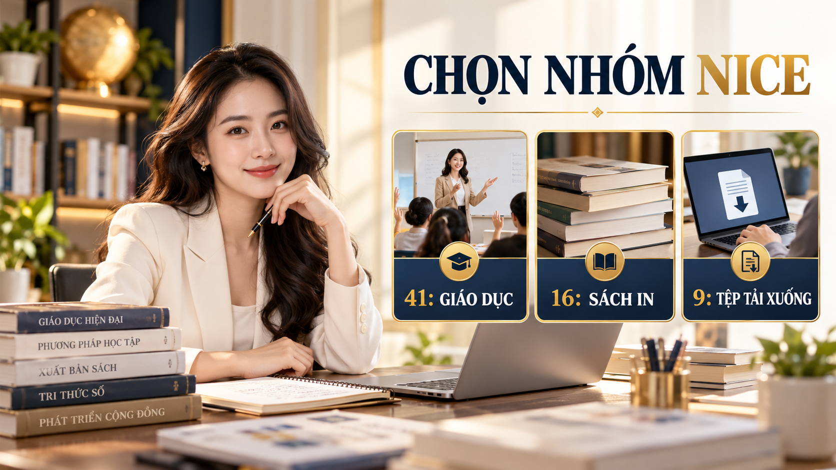 Phân biệt nhóm Nice 41 cho giáo dục, nhóm 16 cho sách in và nhóm 9 cho tệp học liệu tải xuống