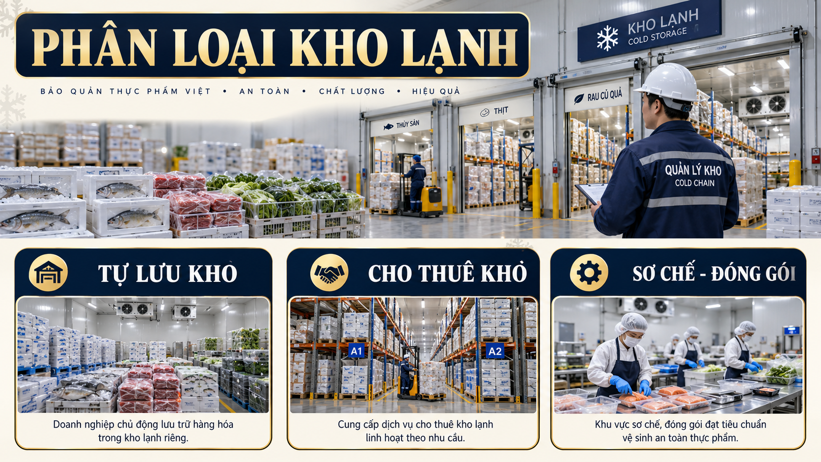 Phân loại kho lạnh thực phẩm tự lưu kho, cho thuê kho và có sơ chế đóng gói trước khi xét giấy VSATTP