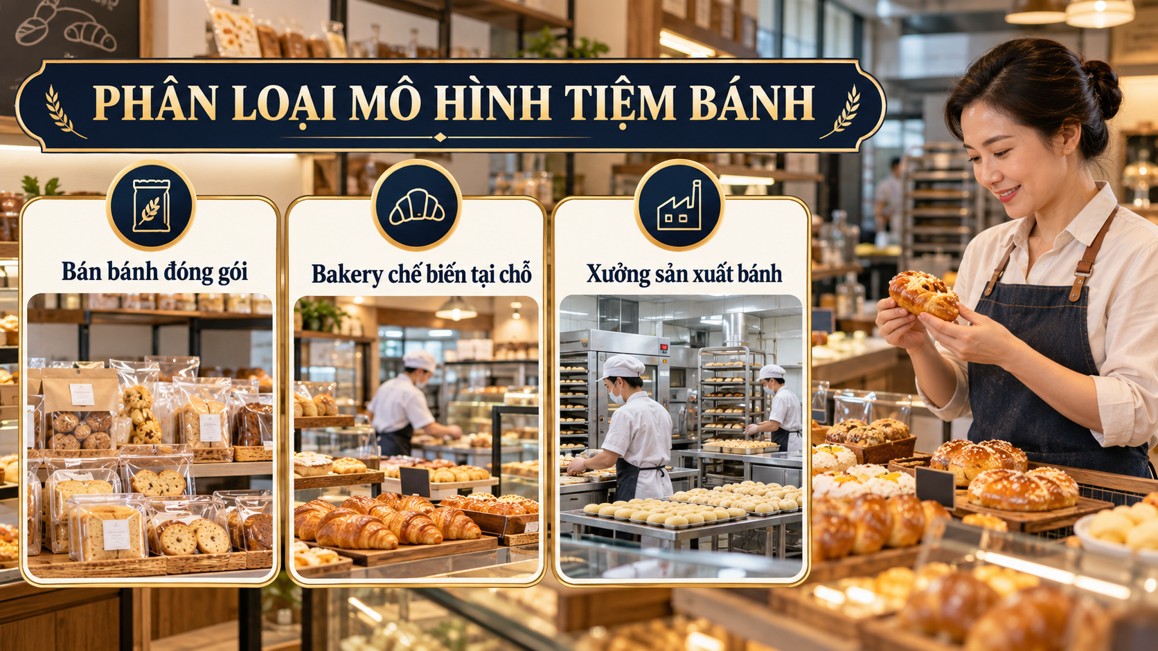 Phân loại mô hình tiệm bánh bán lẻ chế biến tại chỗ và xưởng sản xuất