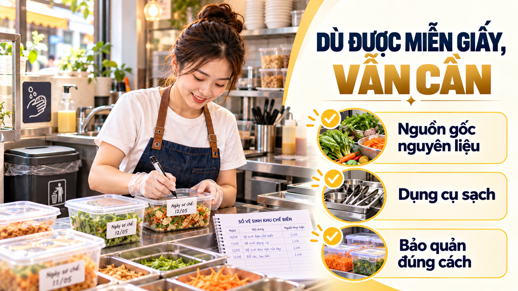 Nhân viên quán ăn vặt kiểm soát vệ sinh bếp, nguyên liệu và bảo quản món ăn