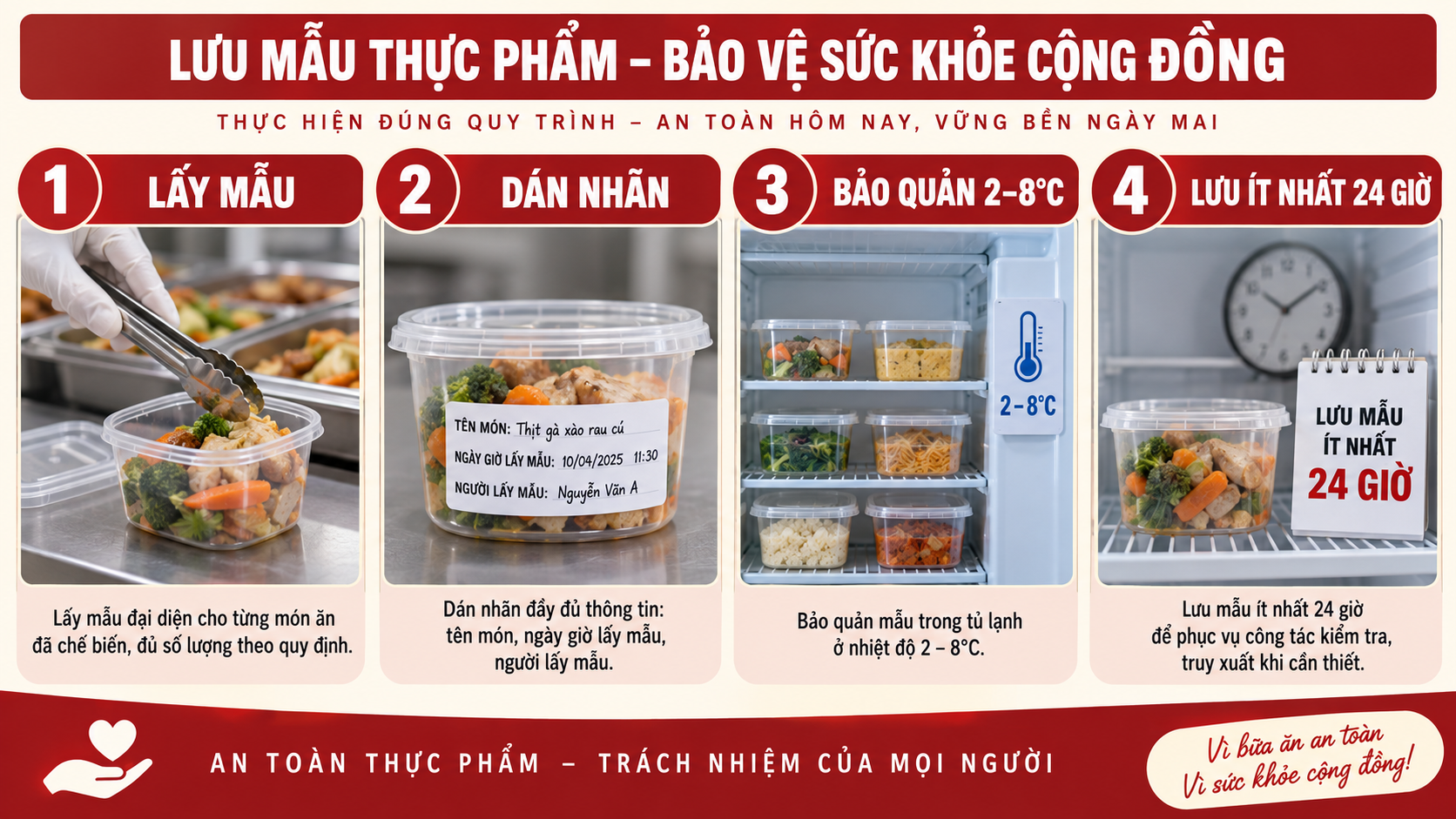Quy trình lưu mẫu thức ăn đúng quy định từ lấy mẫu đến bảo quản 24 giờ