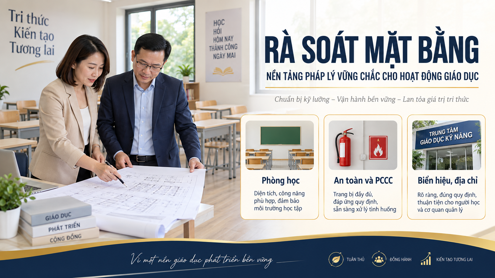 Giám đốc rà mặt bằng, phòng học, an toàn PCCC và biển hiệu cơ sở thứ hai