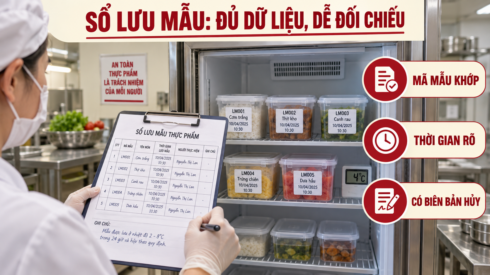 Sổ theo dõi lưu mẫu thức ăn có mã mẫu thời gian nhiệt độ và người hủy