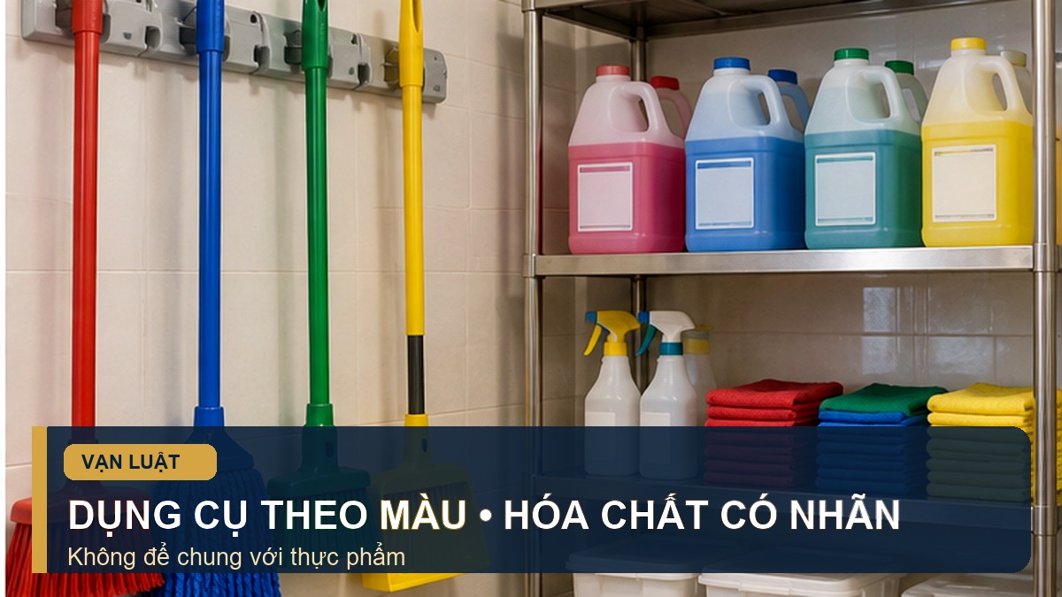 Dụng cụ vệ sinh theo màu và hóa chất có nhãn trong bếp F&B