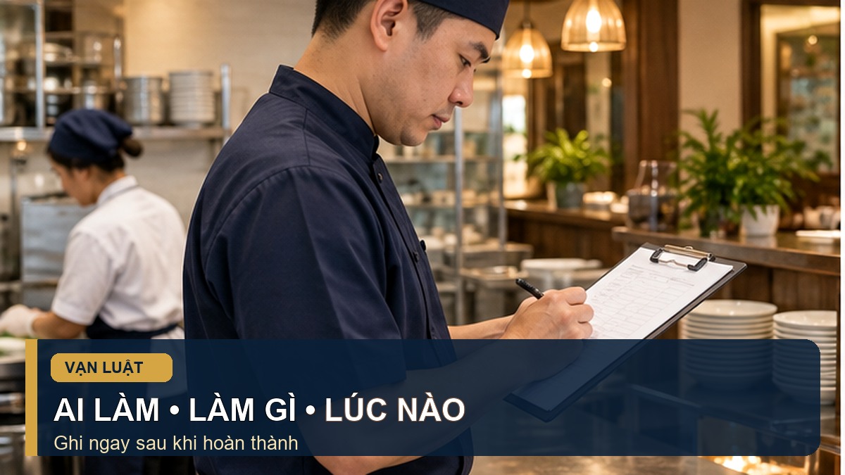 Quản lý bếp ghi sổ vệ sinh và khử khuẩn theo từng ca