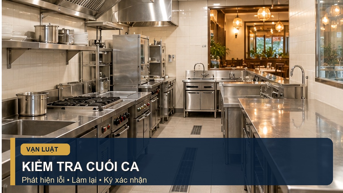Kiểm tra bếp sạch cuối ca và xác nhận sổ vệ sinh khử khuẩn