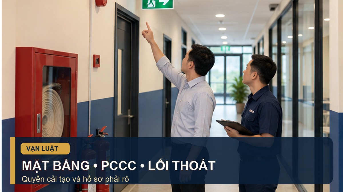 Nhà đầu tư kiểm tra hành lang và lối thoát hiểm tại địa điểm trung tâm ngoại ngữ