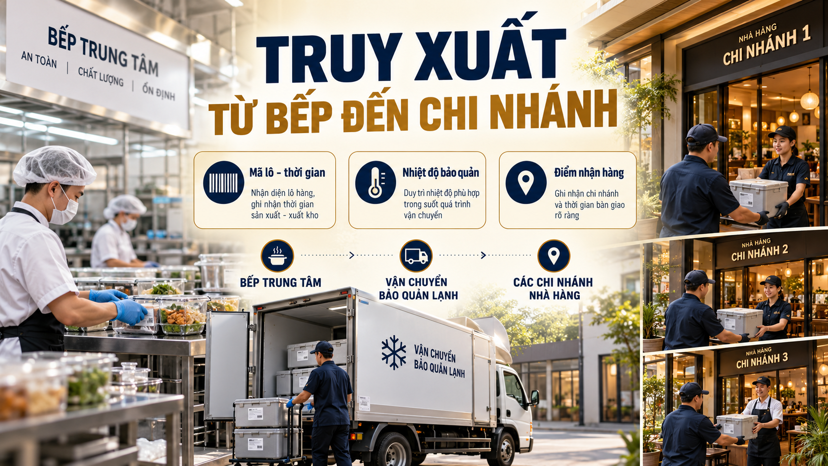 Sơ đồ truy xuất nguyên liệu từ bếp trung tâm đến chi nhánh F&B