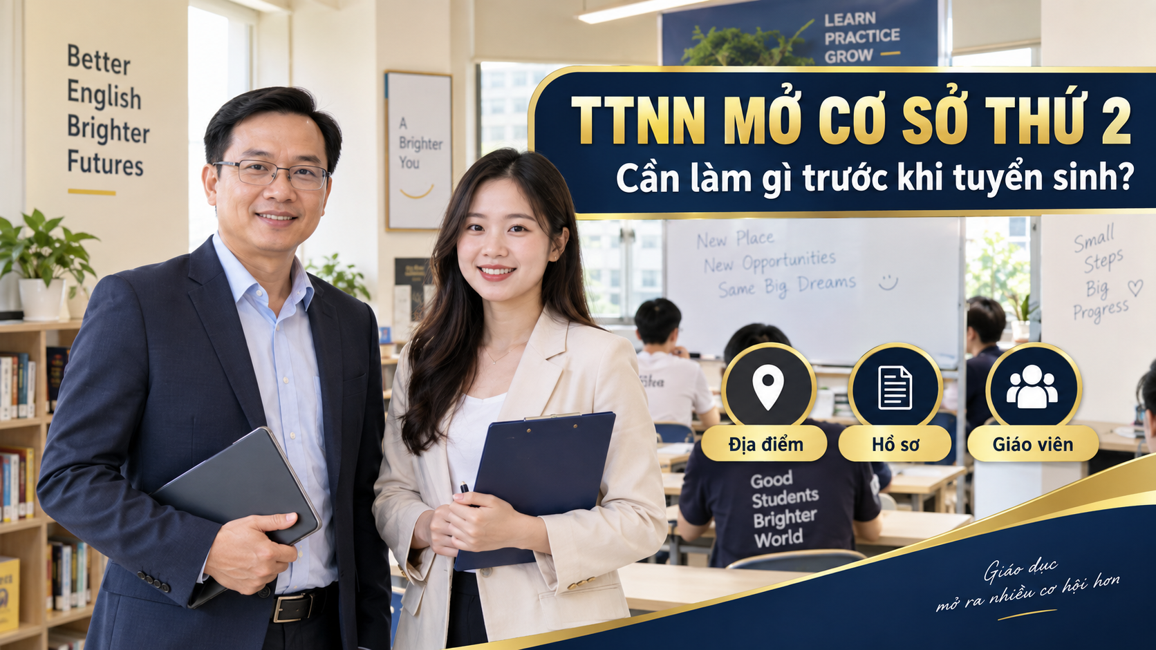 Giám đốc và chuyên viên tại cơ sở thứ hai của trung tâm ngoại ngữ trước tuyển sinh