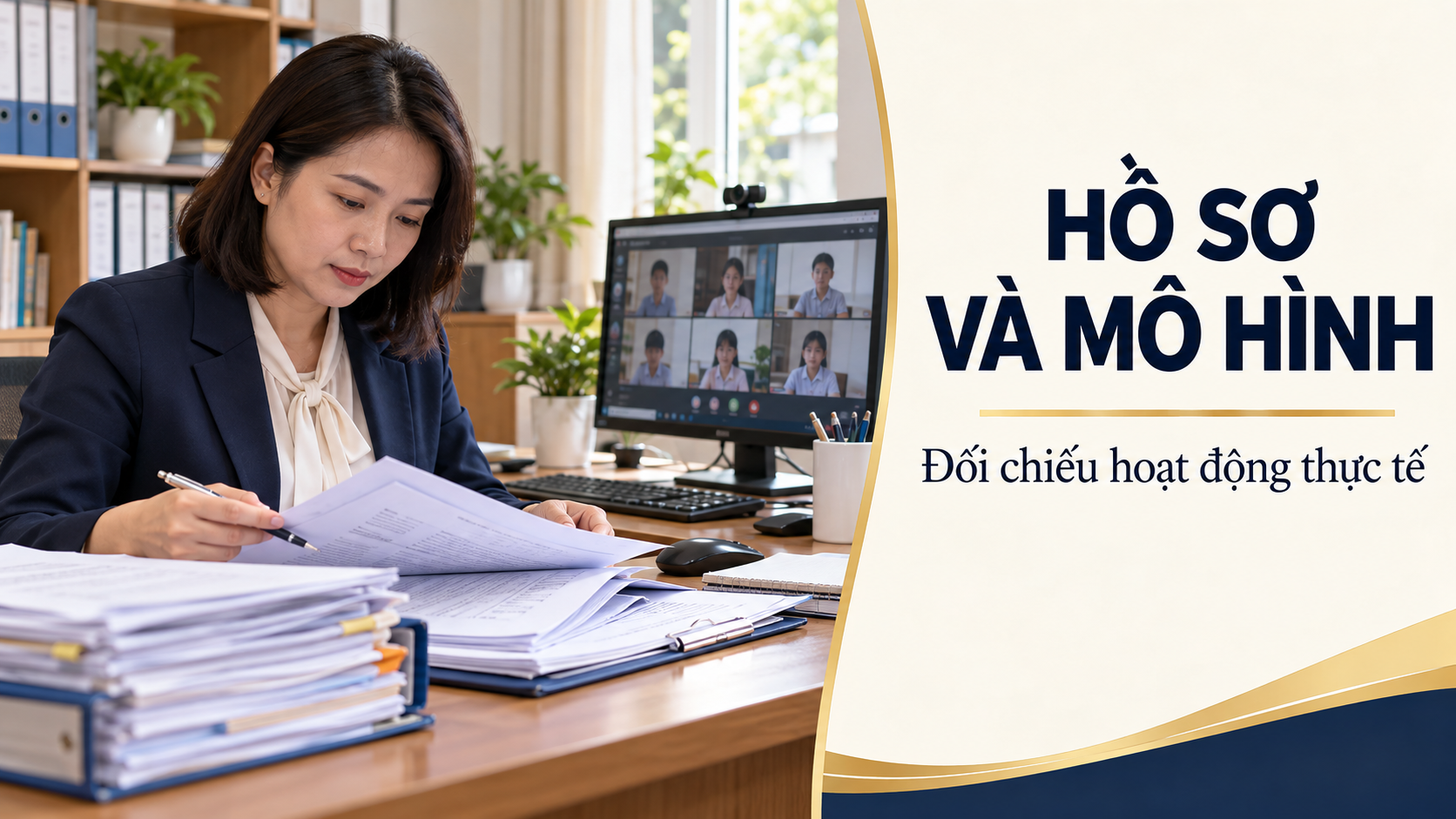 Nhân viên trung tâm đối chiếu hồ sơ với mô hình dạy online